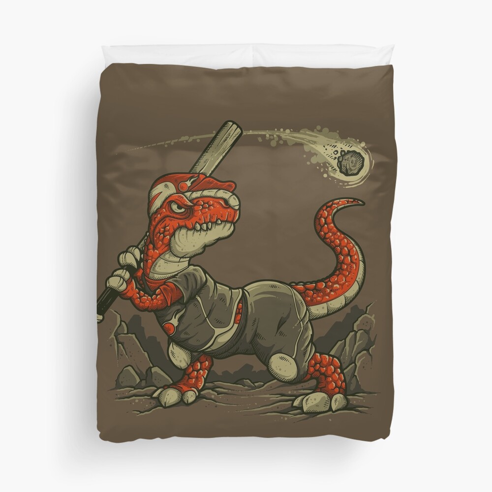 25 dinosaur duvet covers you should see | "Fight The Asteroid" Duvet Cover by Letter Q | Source: Redbubble
