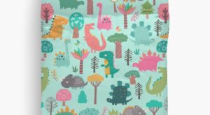 25 dinosaur duvet covers | Pastel Dinosaurs In The Woods Pattern On Mint Background Duvet Cover by Sam Ann you should see
