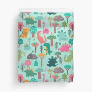 25 dinosaur duvet covers | Pastel Dinosaurs In The Woods Pattern On Mint Background Duvet Cover by Sam Ann you should see
