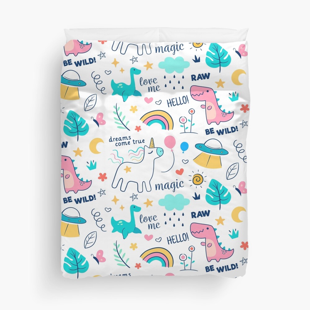 25 dinosaur duvet covers you should see | Unicorns and Dinosaurs Colorful Pattern duvet cover on a white background by Geeky Chic