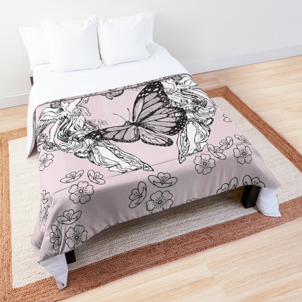 Angels and Butterflies with Cherry Blossoms in Black and Pink Comforter by WiseGirlDesigns / Marion Gottschlag