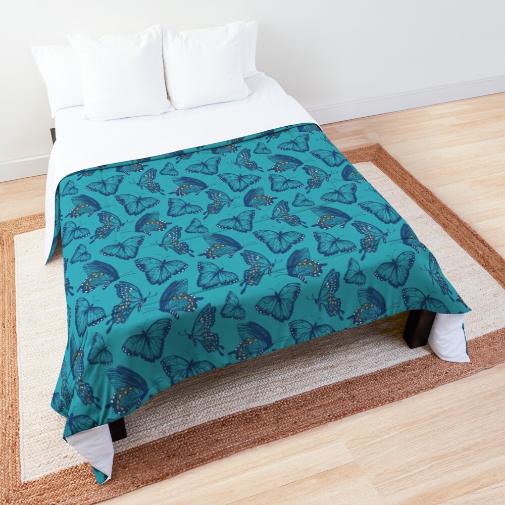 Butterfly comforters - a hand-picked collection by Art Merch Select | Blue Butterflies Illustrated Pattern (Pipevine Swallowtails) Comforter by Esther Sitver