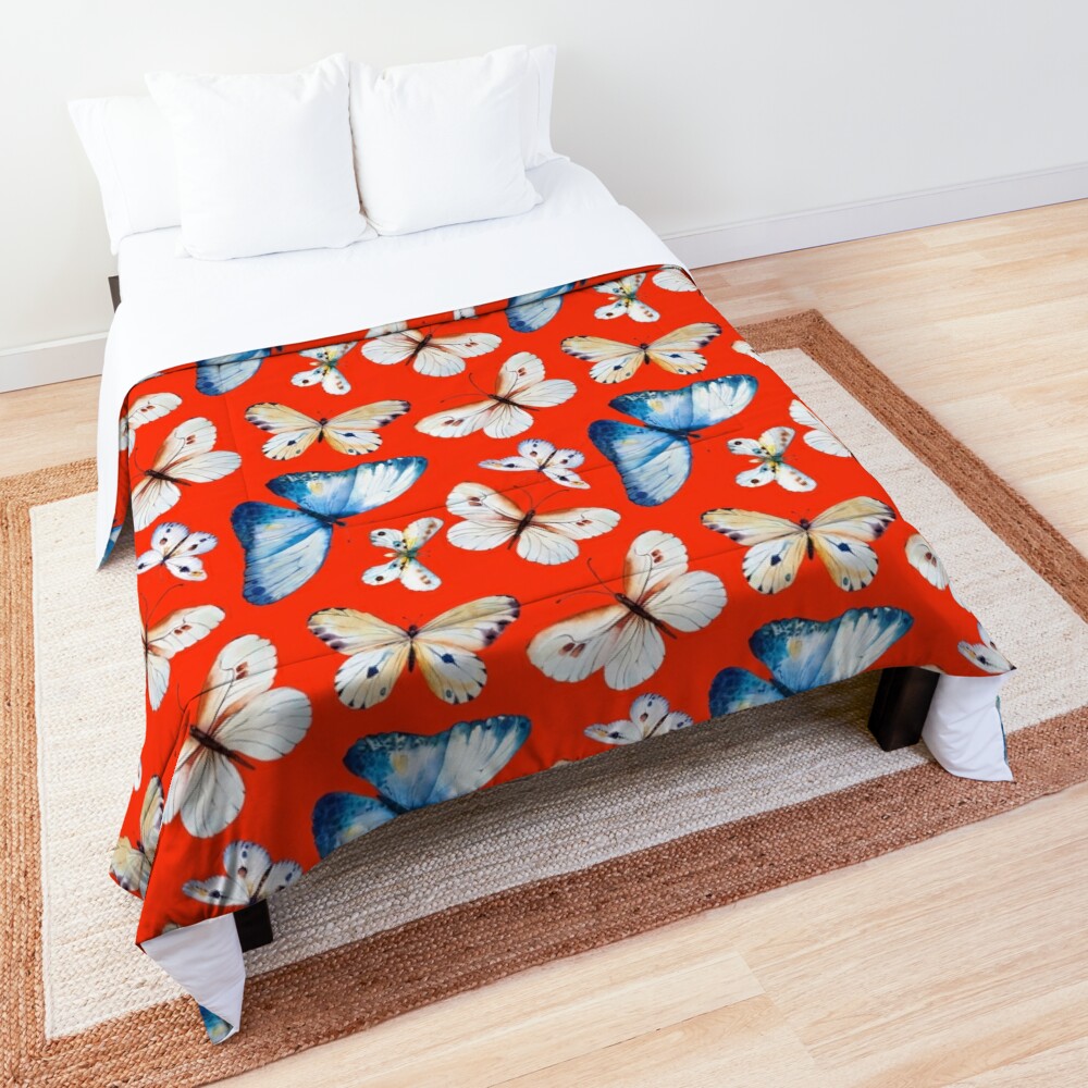 Bright Summer Red Butterfly Pattern Comforter by Amanda Jane