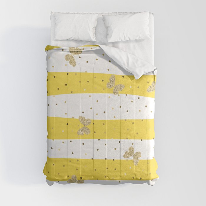 Gold Butterfly on Yellow and White Stripes Comforters by Minimal By Tafida