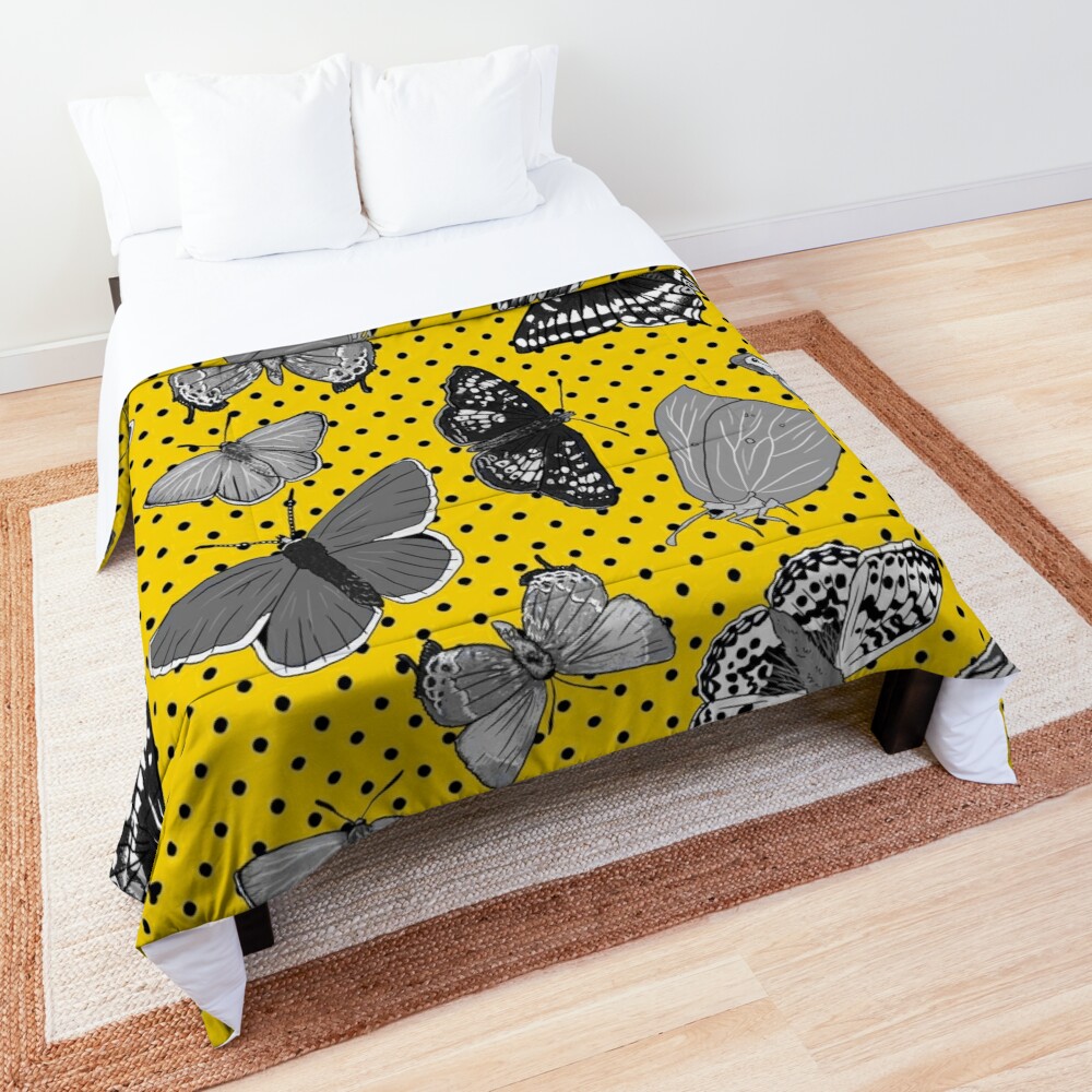 Grey Yellow Butterflies on Polka Dot Pattern Comforter Designed and sold by Meg Bailes