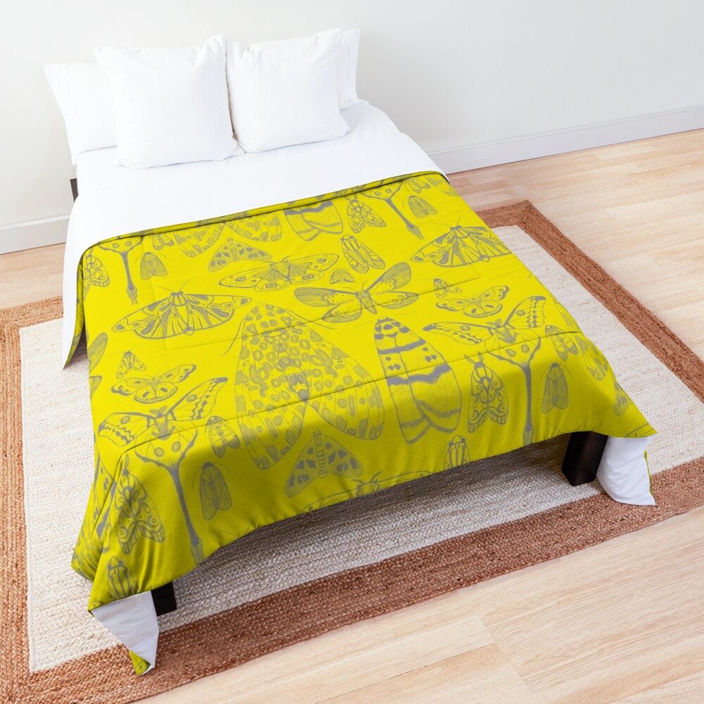 Illuminating Yellow and Ultimate Gray Moth and Butterfly Pattern Comforter by Justdoodlins