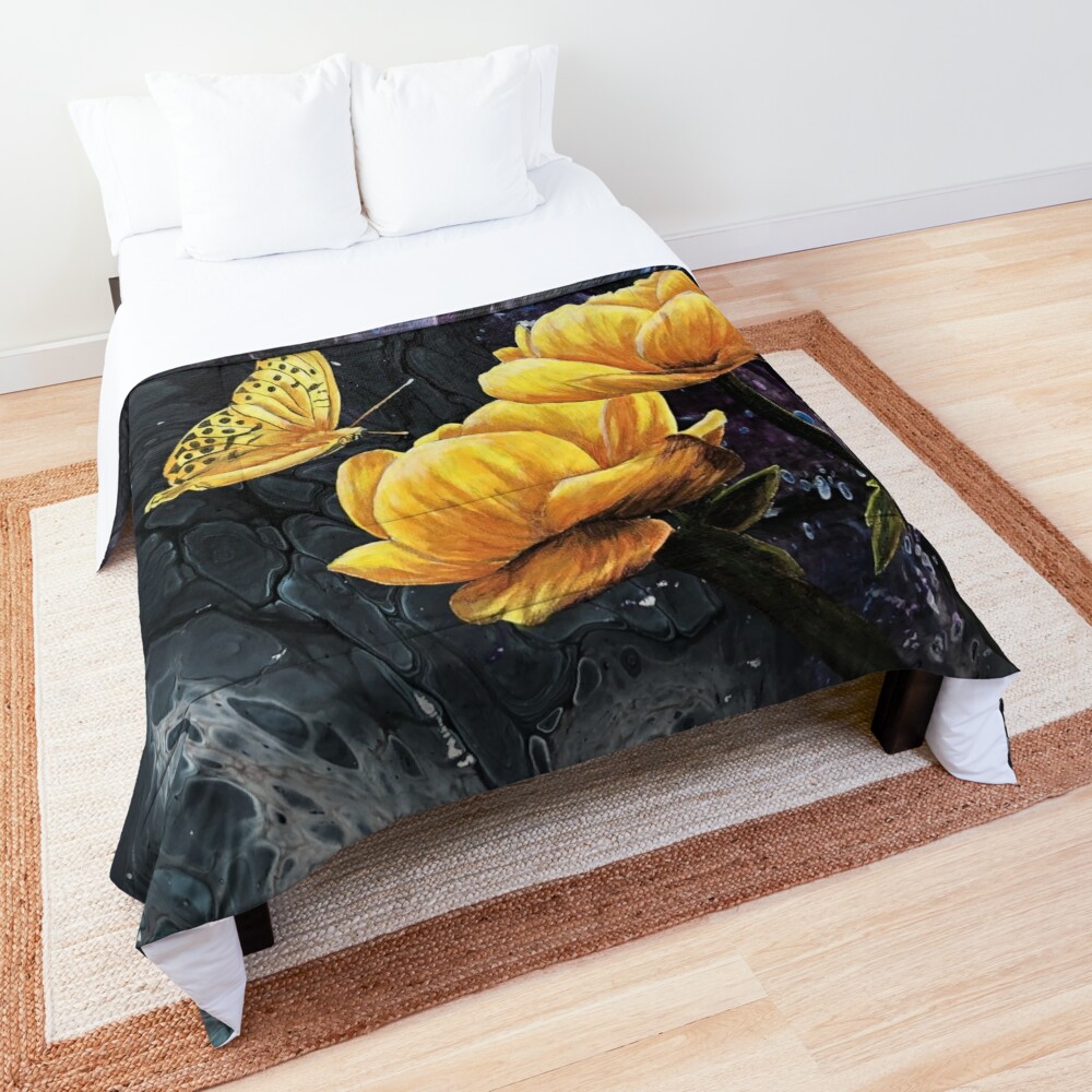 Yellow Flowers and Butterfly Painting Comforter by Minisa Robinson
