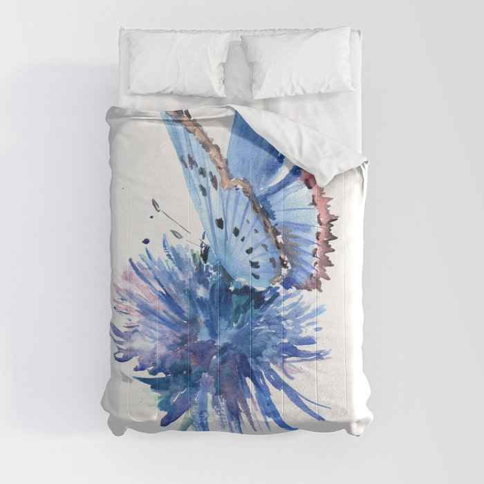 Blue Butterfly and Blue Flower, marine blue minimalist floral butterfly watercolor design Comforters by SurenArt