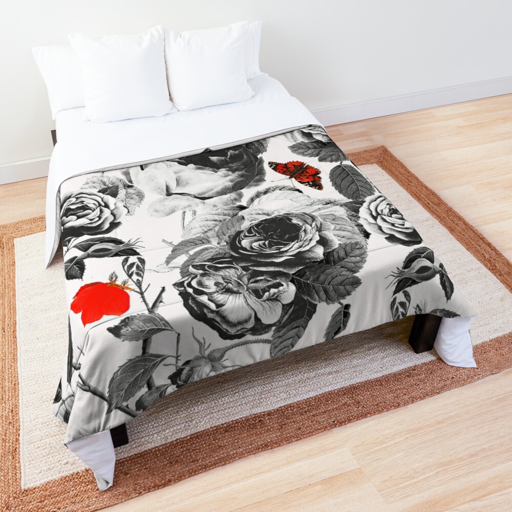 BLACK WHITE ROSES AND RED BUTTERFLIES Botanical Floral Comforter Designed and sold by BulganLumini