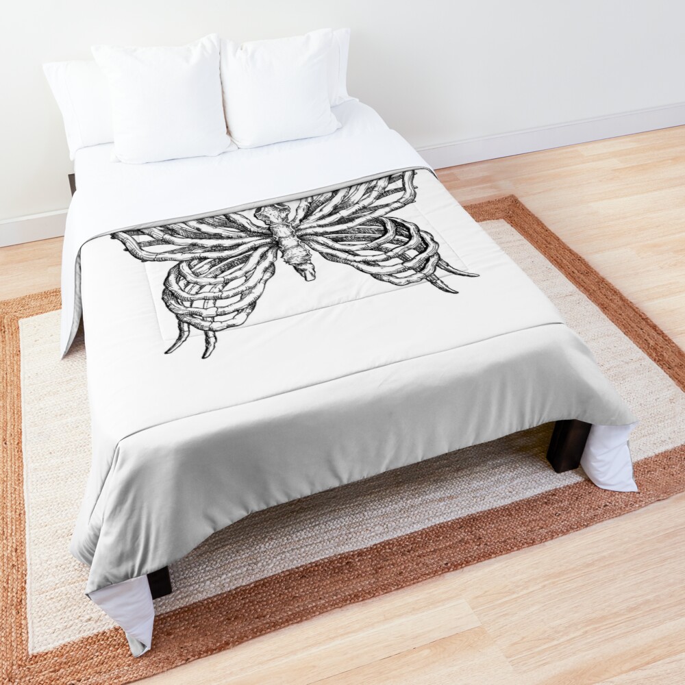 Babushka Black and White Butterfly Ink Illustration Comforter by TheCollywobbles