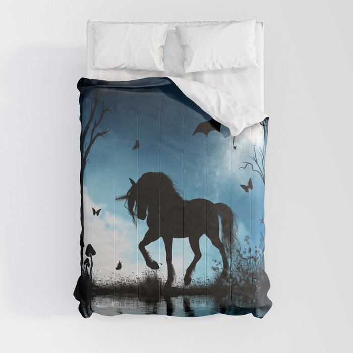 Beautiful unicorn with flying dragon in the sky Comforters by nicky2342
