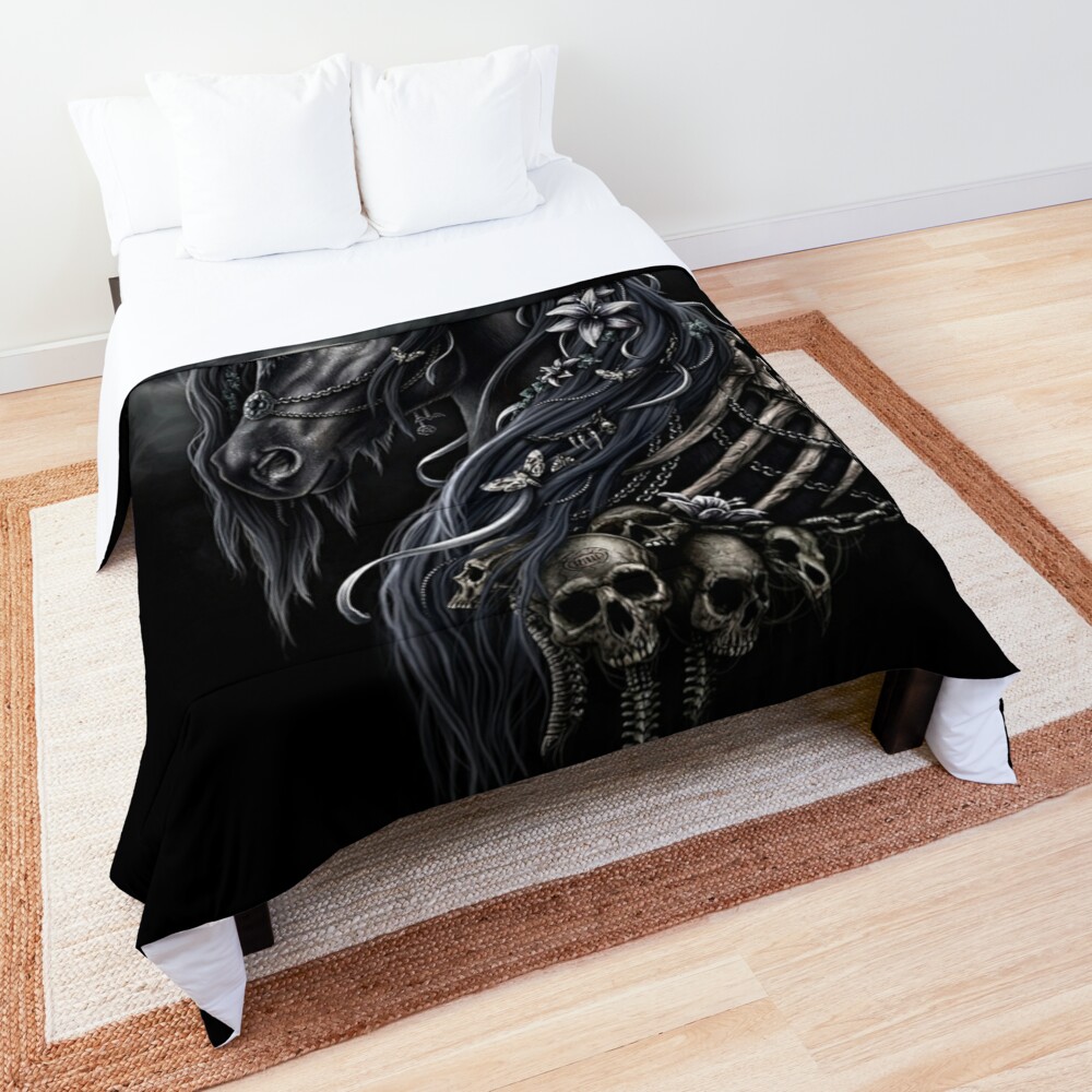 Black Unicorn Skull Moon Halloween Comforter by kathybuble