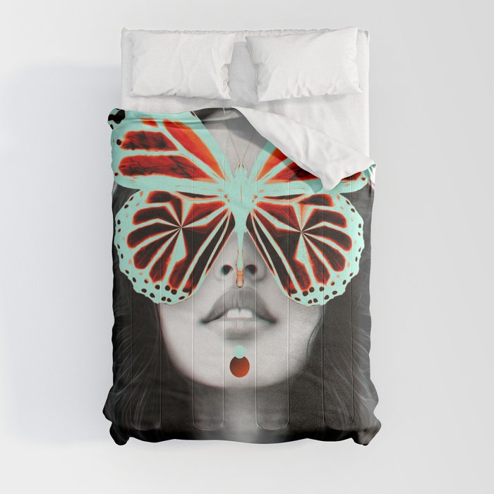 Bufly Comforters - Black and white photography of a woman with butterfly Dorian Legret
