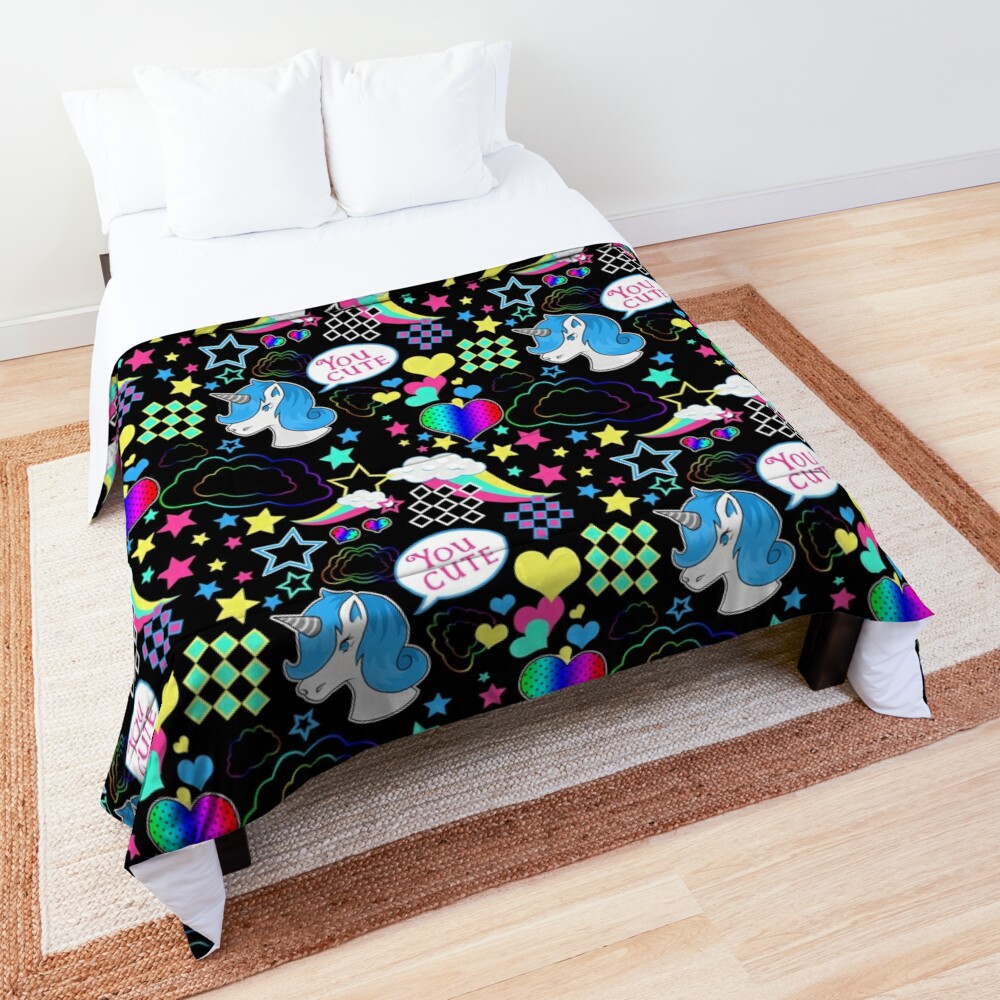 Colourful "You Cute" Blue Haired Unicorns Pattern on Black Comforter by Aligem