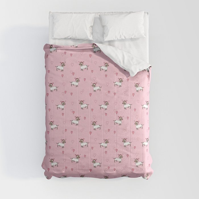Cute Dachshund Unicorn + Hearts Pattern (Pink) Comforters by Sausage Dog City