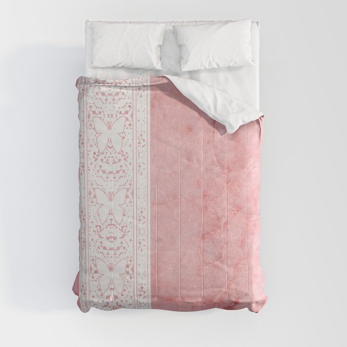 Delicate White Stripe Butterfly Pattern Pink Texure Design Comforters by Sheila Wenzel-Ganny