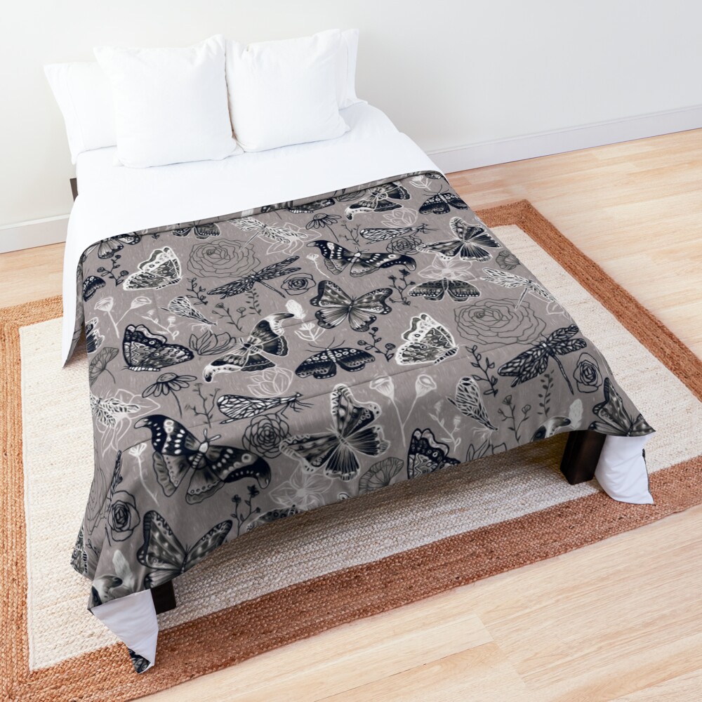 Dragonflies, Butterflies, Moths and Floral Design on Grey Comforter by TigaTiga