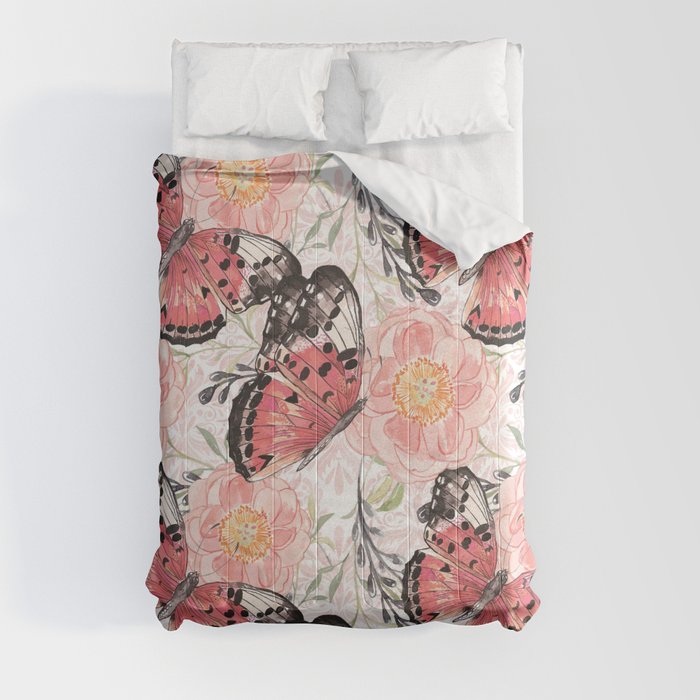 Pink Flowers and butterflies pattern comforter by Juliana RW
