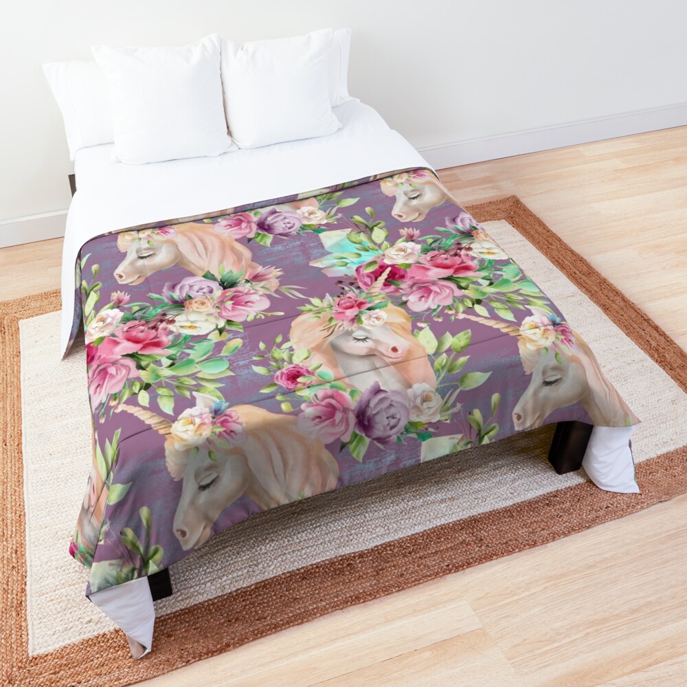 Lavender and Pink Floral Unicorn Pattern Comforter by Westerngirl