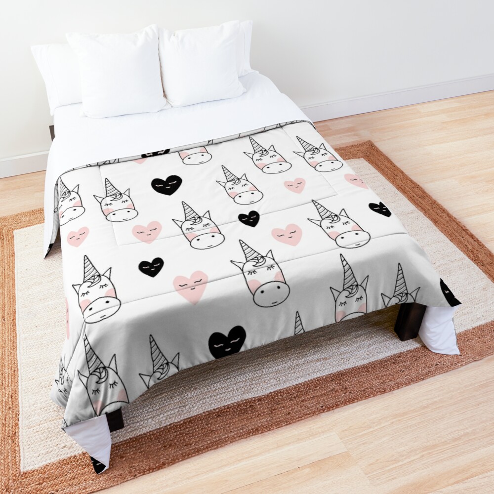 Lovely Unicorns and Hearts - Pink, Black, Grey / Gray Comforter by SandiTyche