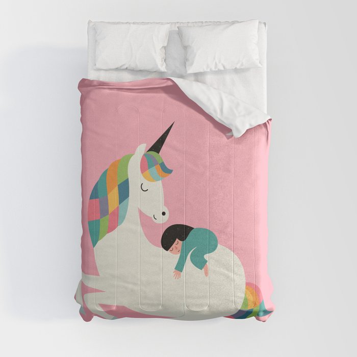 Me Time - Pink Unicorn with rainbow hair and tail Comforters by Andy Westface