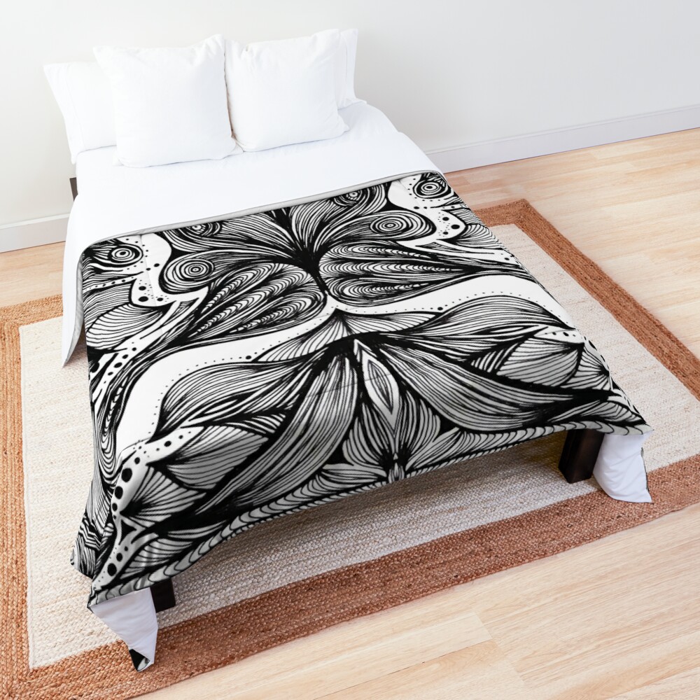Metamorphosis Comforter Black and White Butterfly Ink Illustration by kallyfactory