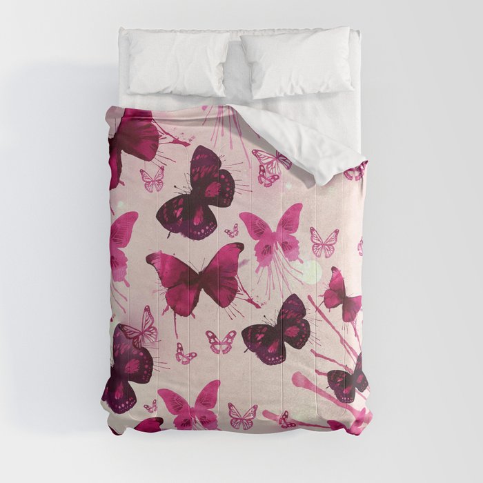 Pink watercolor butterflies pattern comforters by Vialin