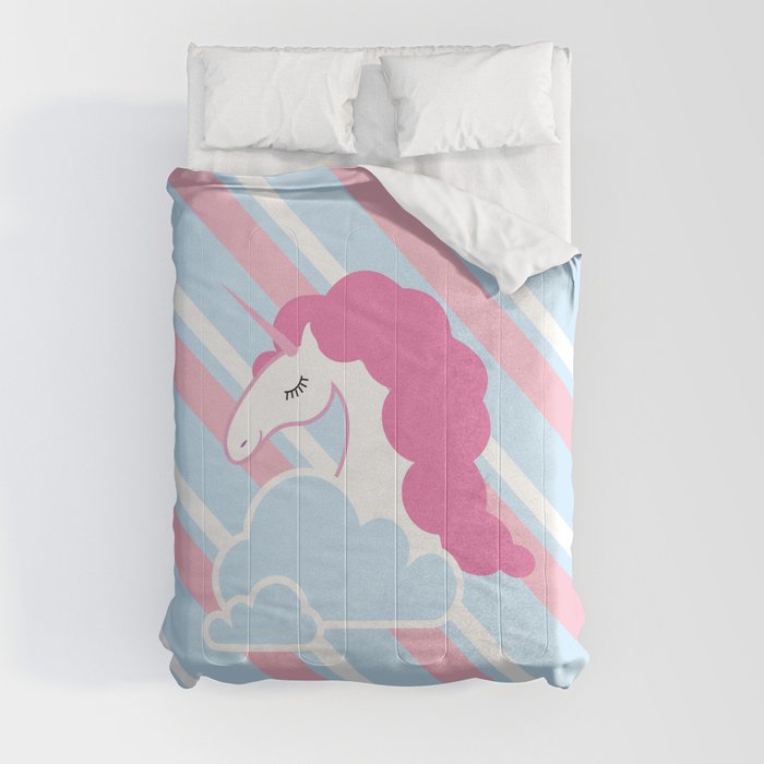 Pink Unicorn on Blue Comforters by Virginia Bei