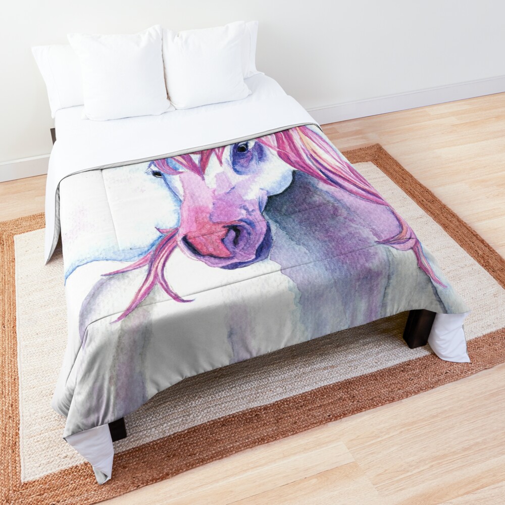 Pink and White Magical Unicorn Watercolor Comforter by JulieSpriddle
