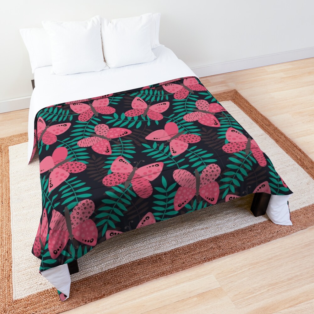 Pink butterflies and palm leaves on dark background comforter by Olgus