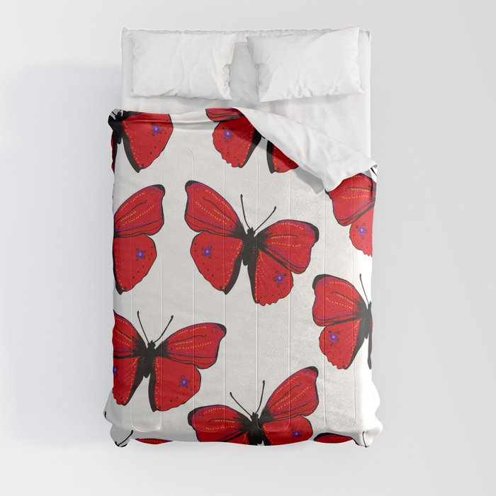 Red butterfly Spring Art Comforters by Manitarka