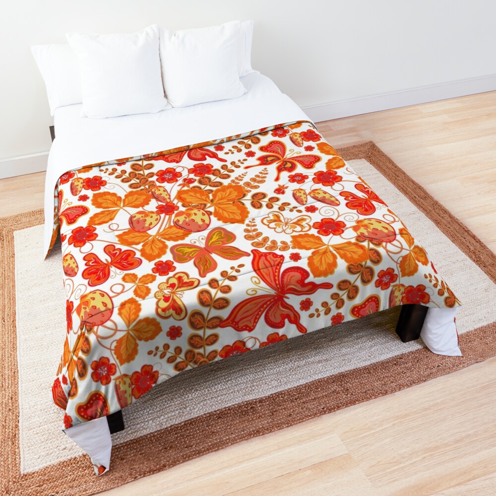 Seamless orange spring floral pattern with strawberries and flowers and butterflies Comforter by Leepcan