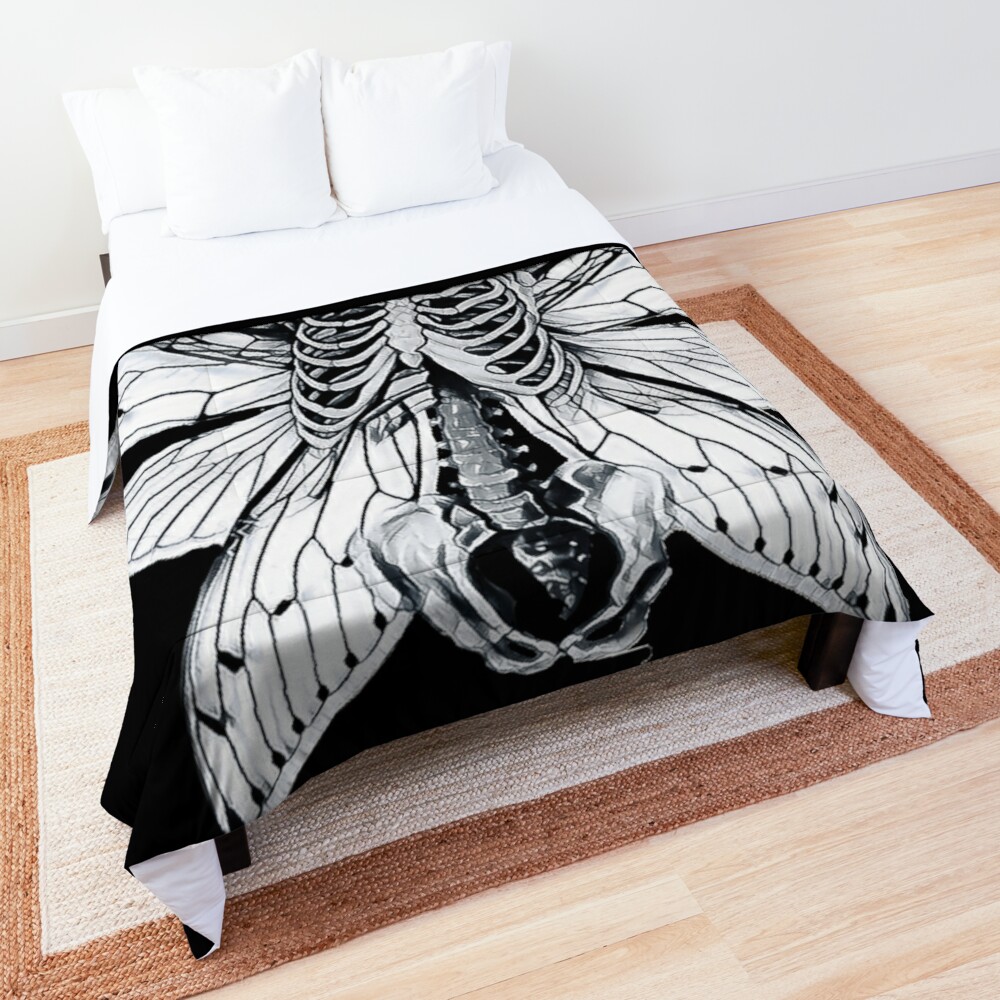 Skeleton with Wings Black and White Butterfly Comforter by MeganBering