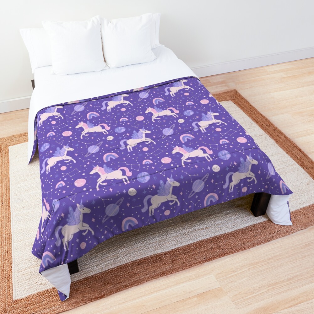 Space Unicorns Purple Comforter by Meghan Hageman (latheandquill)