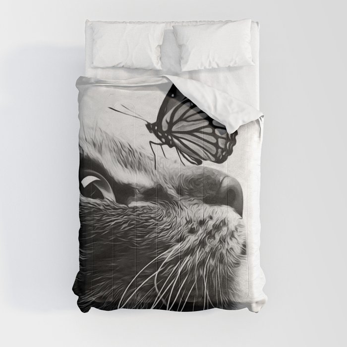 The Enchanted Peace - Monarch Butterfly on Tabby Cat's Nose Black and White Oil painting Comforters by Lexwolverine Art