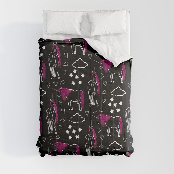 Unicorn Pink, Black & White Comforters by Jessica Slater