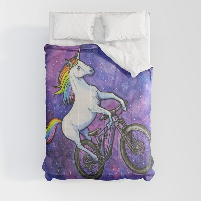Unicorn on Bike in Space Purple Comforters by Olechka