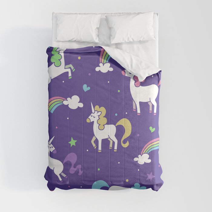Unicorns and Rainbows - Purple Comforters by Beckadoodles