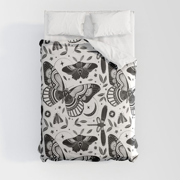 Wings and things - black and white butterflies and moths pattern Comforters by katewhyteart