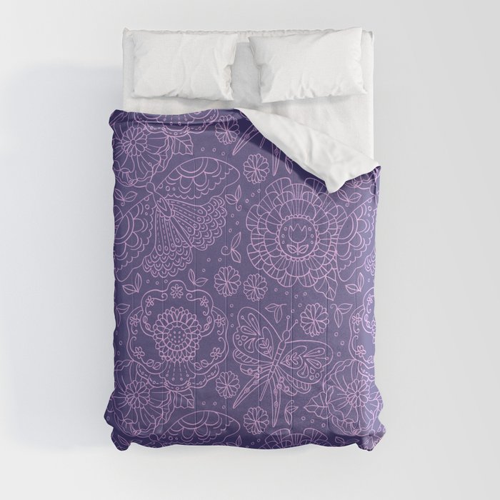 pink blue purple flower butterfly seamless pattern design comforters by Pavinee Sripaisal