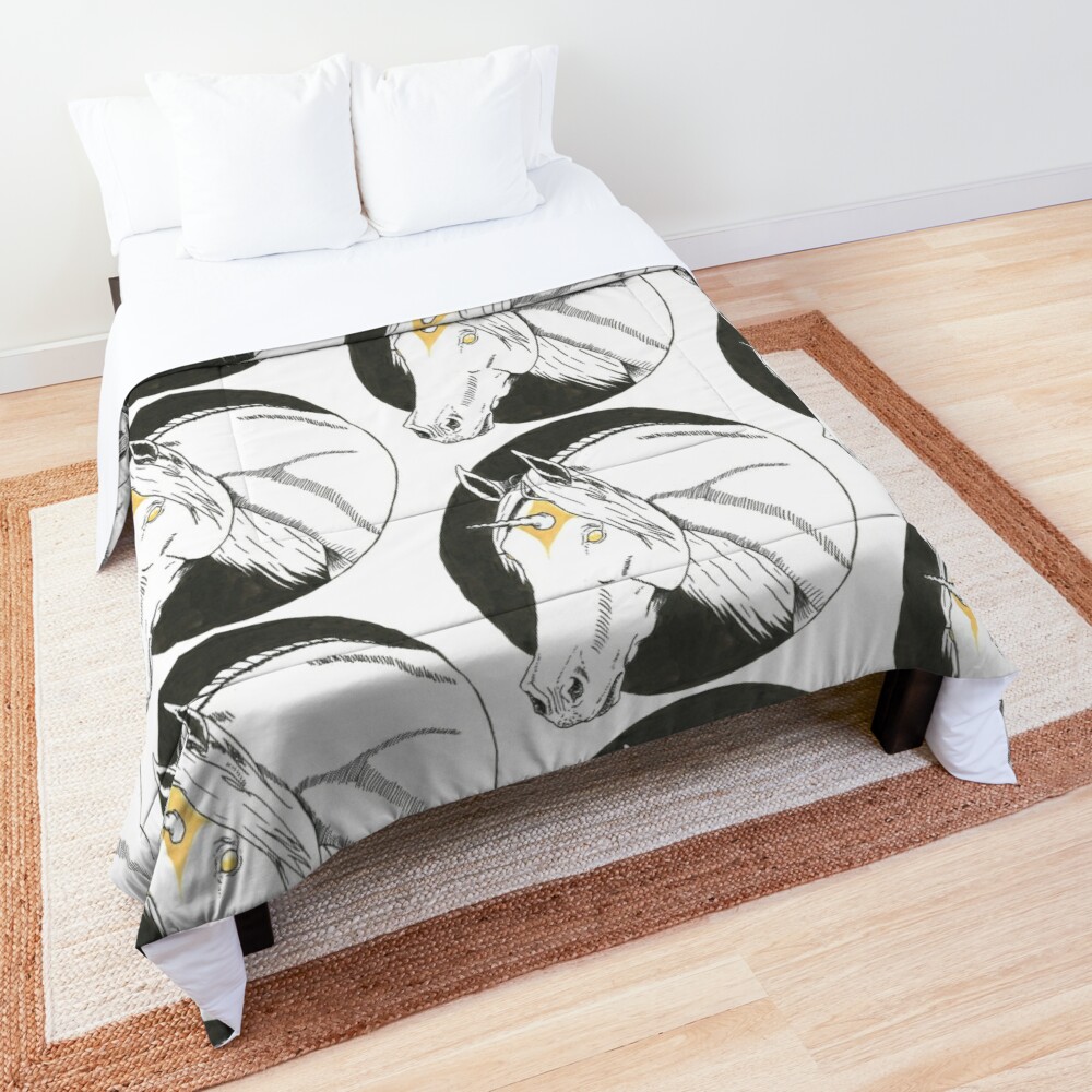 Ghostly Unicorn Black White Yellow Comforter by Crea-RiBo