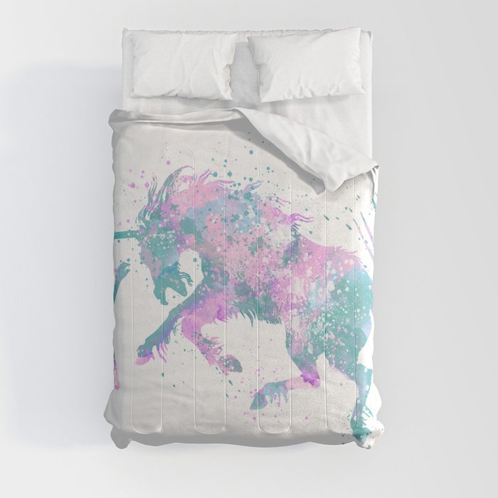 Girl and Unicorn - Colorful Teal and Pink Watercolor Kids Art Comforter by LotusArt