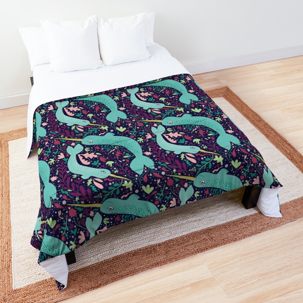 Narwhals At Play Teal Comforter by Arielle Anthony