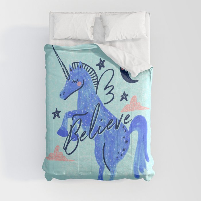 Night Sky Unicorn - Stars and Moon Teal and Blue Comforters by Patrice Horvath