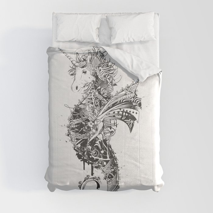 Ornate drawing of a unicorn seahorse white Comforters by Namosh