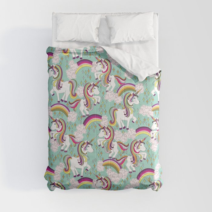 Rainbow Bright Unicorn Comforters on Teal by Christine Lynn Johansen