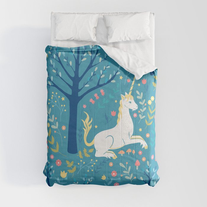 Teal unicorn garden Comforters by Elena Naylor