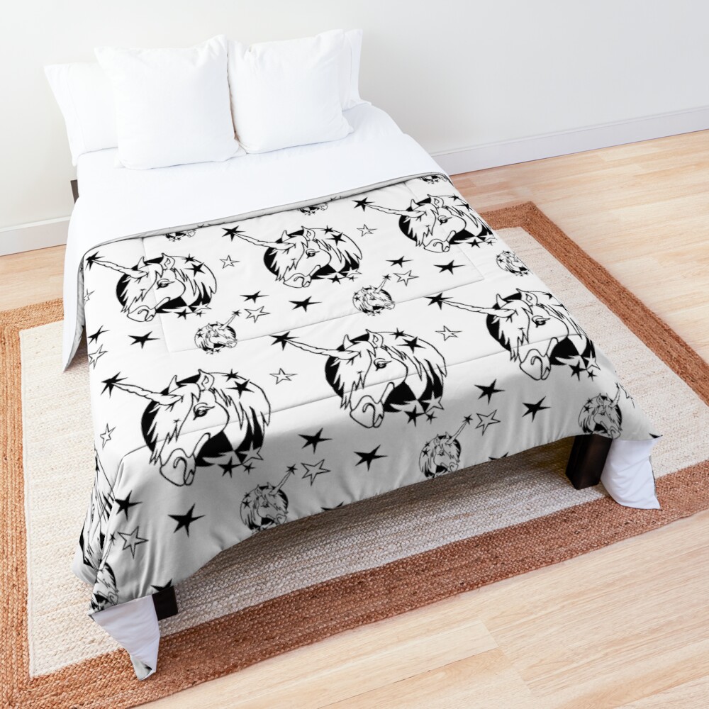 Unicorn minimal black white gift Comforter by badlydrawnbabe