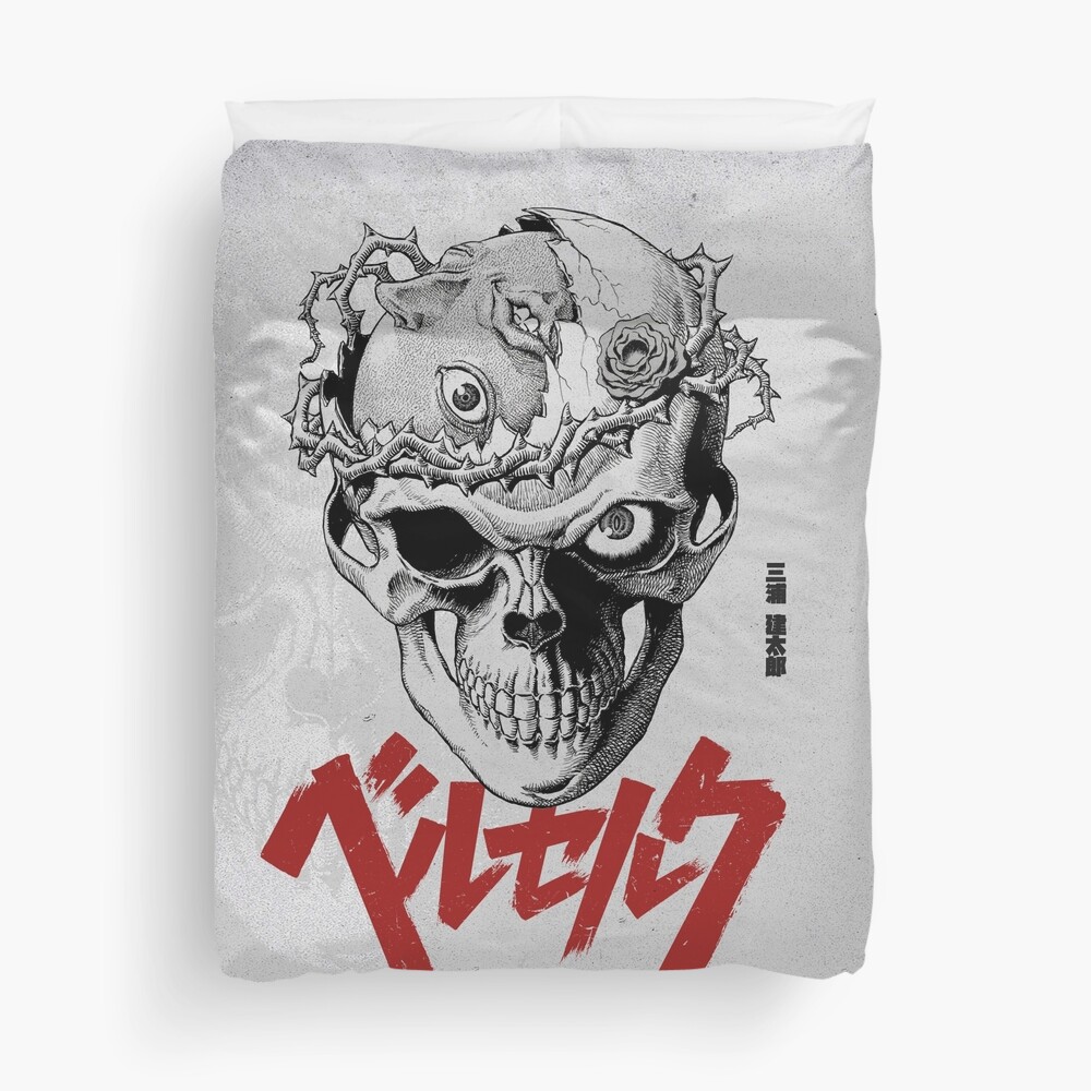 Bersek - Skullknight Black and White with Red typography Ink Rose Tattoo Illustration Drawing Skull Art Comforter by Oukey