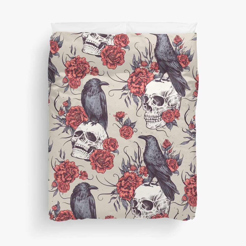 Stunning goth style pattern design featuring skulls, raven birds and roses beige red black white Art Comforter by Moo Shop